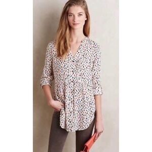 Maeve Anthropologie Sz 4 Cream Calia Pintuck Button Front Tunic Blouse Shirt Top